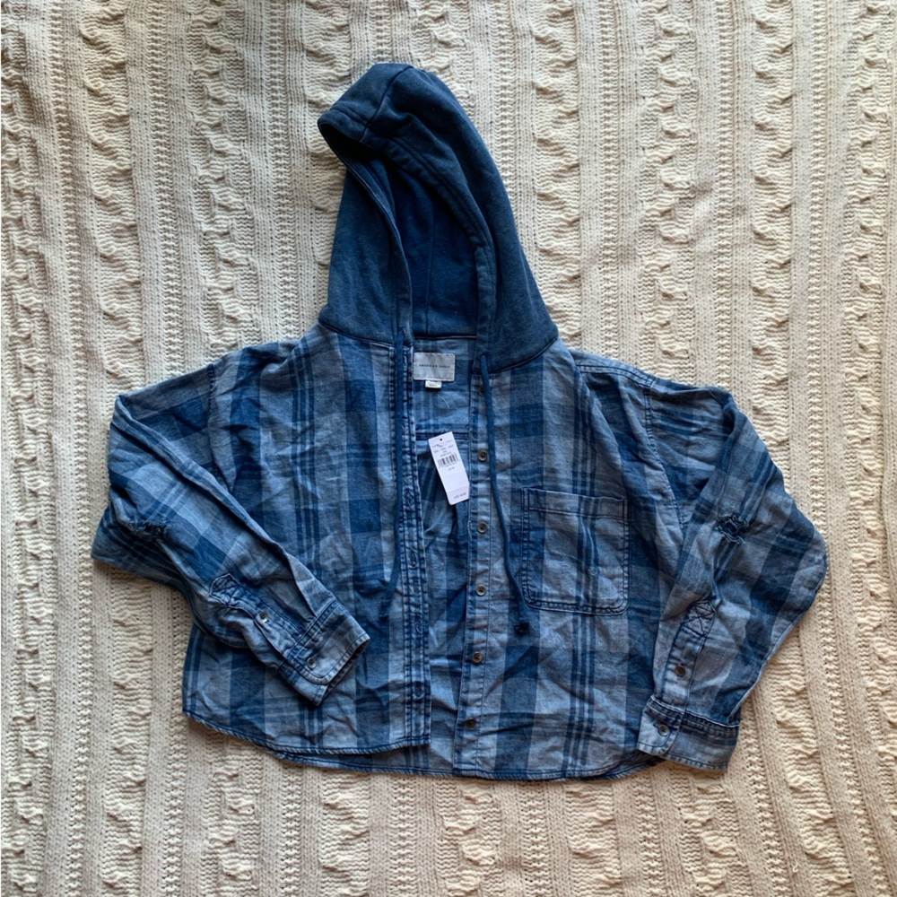 American Eagle Cropped Hooded Flannel Shirt